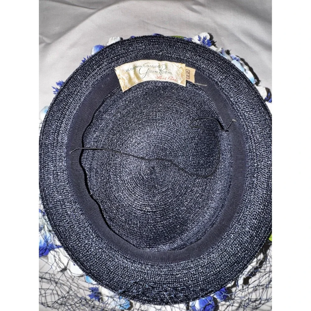 Vintage Luci Puci Bloomingdales Navy Straw Floral Pillbox Hat Birdcage‎ Veil 22